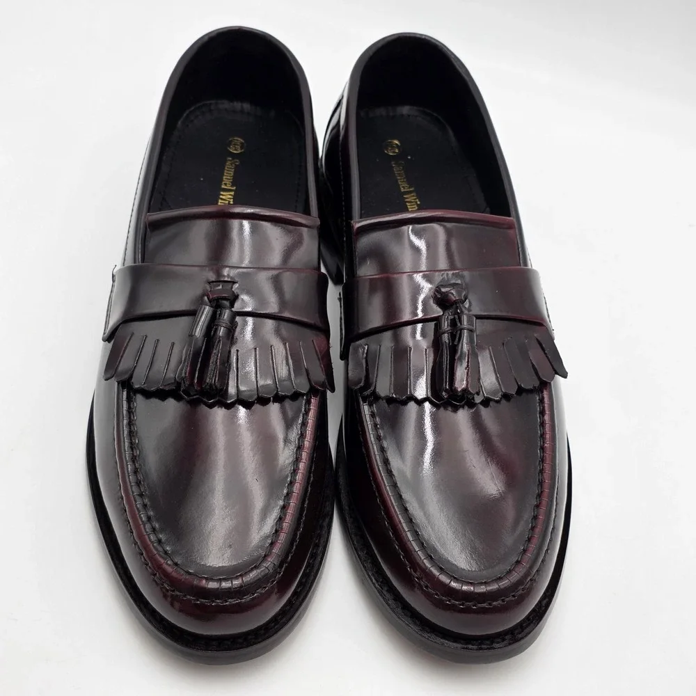 Samuel Windsor Tassel‎ Loafers Men's 10.5 Burgundy Oxblood Leather Shoes Fringed